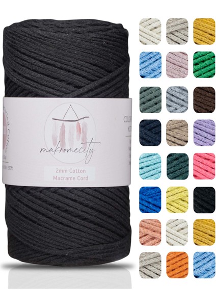 Premium Koton Pamuk Makrome Ipi Siyah 250 gr 185 Metre 2mm Cotton Zincir Makrome Çanta Ipi Supla Ipi