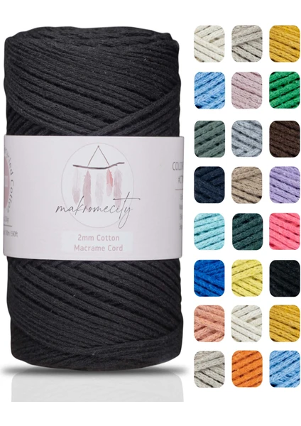 Makrome City Premium Koton Pamuk Makrome Ipi Siyah 250 gr 185 Metre 2mm Cotton Zincir Makrome Çanta Ipi Supla Ipi