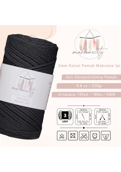 Premium Koton Pamuk Makrome Ipi Siyah 250 gr 185 Metre 2mm Cotton Zincir Makrome Çanta Ipi Supla Ipi