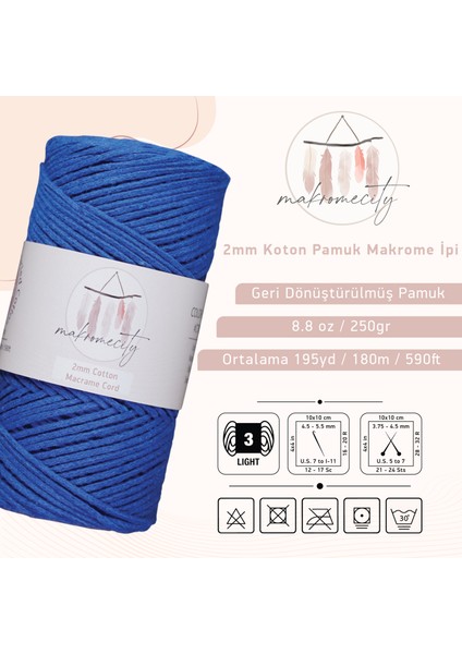 Premium Koton Pamuk Makrome Ipi Saks Mavi 200 gr 150 Metre 2mm Cotton Zincir Makrome Çanta Ipi Supla Ipi