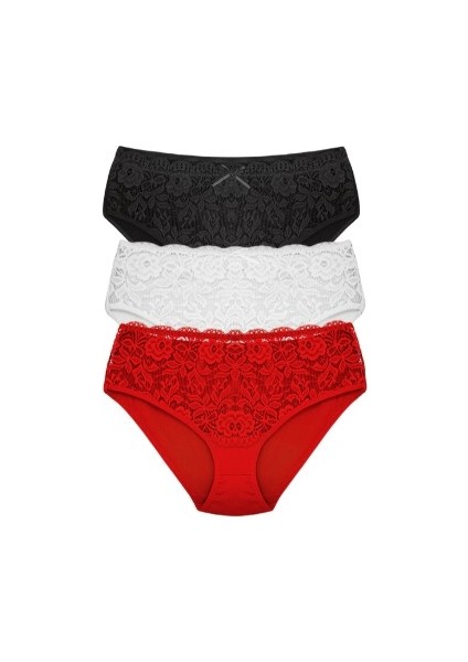3'lü Pamuklu Dantelli Yüksek Bel Büyük Beden Kadın Külot