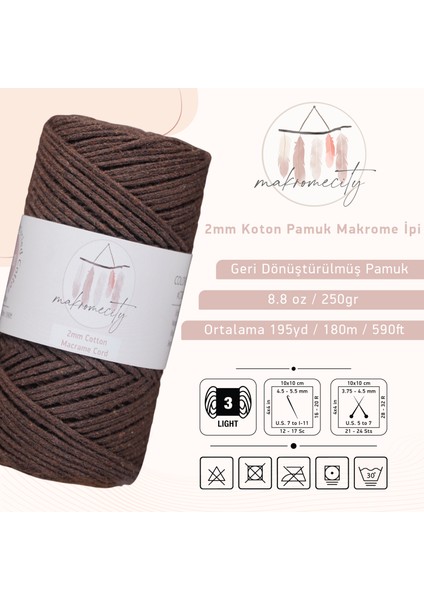 Premium Koton Pamuk Makrome Ipi Acı Kahve 200 gr 150 Metre 2mm Cotton Zincir Makrome Çanta Ipi Supla Ipi
