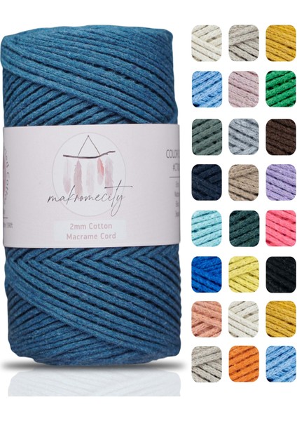 Premium Koton Pamuk Makrome Ipi Kot Mavi 200 gr 150 Metre 2mm Cotton Zincir Makrome Çanta Ipi Supla Ipi