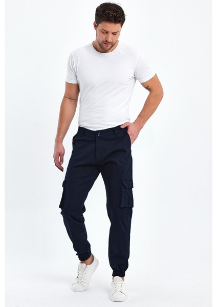 TheSeason Erkek Lacivert Gabardin Slim Fit Paçası Lastikli Kargo Cepli Pamuklu Esnek Pantolon modelleri