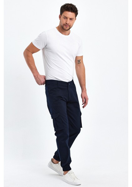 TheSeason Erkek Lacivert Gabardin Slim Fit Paçası Lastikli Kargo Cepli Pamuklu Esnek Pantolon fırsatları