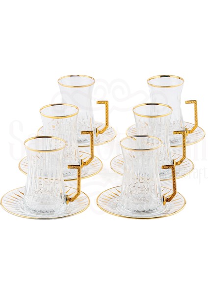 Bardak Çay Bardağı Seti 6'lı Çay Seti Çay Takımı Lux Dik Çapraz Heybeli Kulplu Çay Seti İç Yaldız Altın