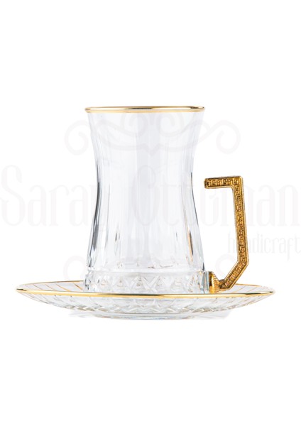 Bardak Çay Bardağı Seti 6'lı Çay Seti Çay Takımı Lux Dik Çapraz Heybeli Kulplu Çay Seti İç Yaldız Altın