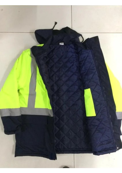 Reflektörlü Su Geçirmez Oxford Parka Kışlık Mont Sarı-Lacivert Iş Montu Mühendis Montu
