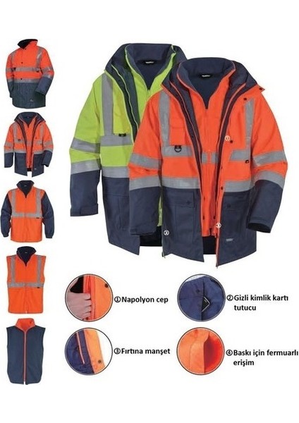 Frekans İş Güvenliği Junıor Olympus Max-Breathane Hı-Vıs Two-Tone 5 In 1 Jacket Turuncu Lacivert