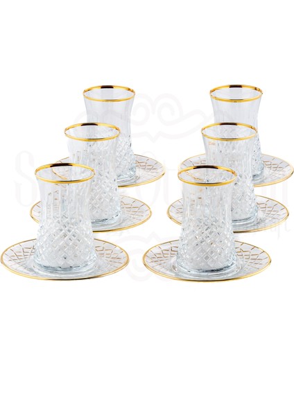 6'lı Bardak Çay Bardağı Çay Seti Çay Takımı Lux Baklava Dik Heybeli Çay Seti Ağız Yaldız Altın