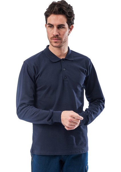 Frekans İş Güvenliği Polo Yaka Lacivert Uzun Kollu Sweatshirt Pike Örme Iş Tişörtü