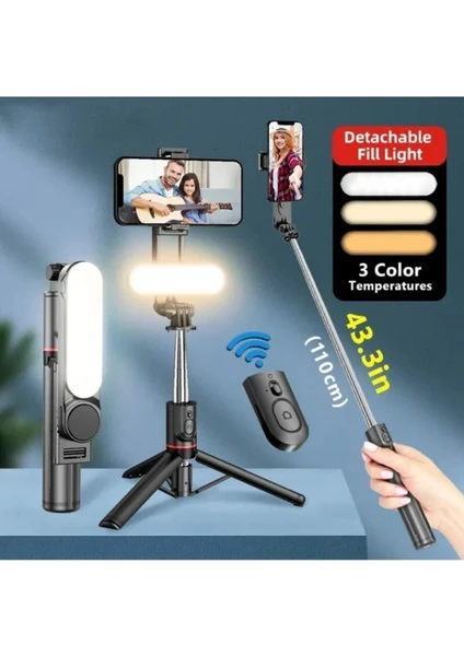 Işıklı 3 Renkli Uzaktan Kumandalı 110 cm Tripod Özçekim ve Selfie Çubuğu Yatay ve Dikey Kullanım