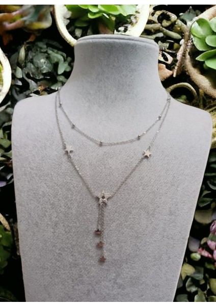 Kadın Yıldız Figürlü Zirkon Taşlı Çoçklu Çelik Kolye