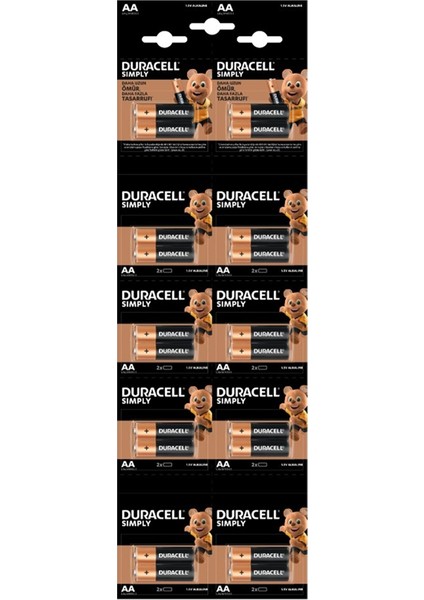 XML Dünyası Duracell LR6/MN1500 1.5 Volt Alkalin Aa Kalem Pil (20Lİ Kartela Paket )(2li Yırtmalı)