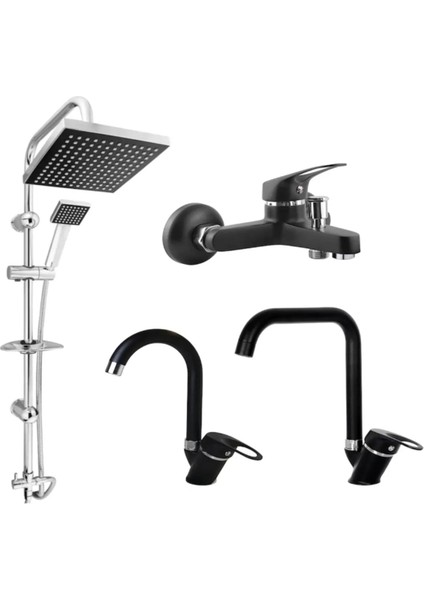 Siyah Krom 4’lü Set Lavabo-Banyo-Mutfak-Robot Duş Seti