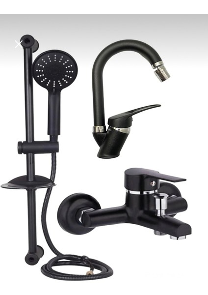 Siyah Fonkaiyonlu Sürgülü Duş,oynar Başlıklı Lavabo,banyo Bataryası Musluğu Çeşmesi 3’lü Set