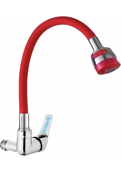 Duvardan Tek Su Çıkışlı Kırmızı 2 Fonksiyonlu Spiral Oynar Borulu Lavabo Mutfak Bataryası