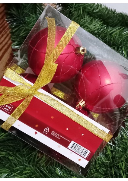 Vıp Deluxe 4 Adet 8 cm Büyük Kırmızı Top Süsler Yılbaşı Ağacı Süsleri Noel Ağacı Süsleri Kırmızı Top