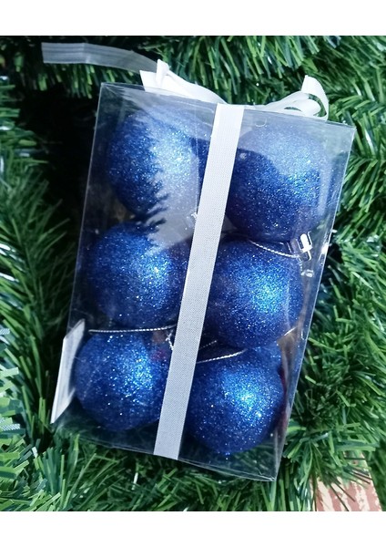 Vıp Deluxe 12 Adet 5 cm Simli Mavi Top Süsler Yılbaşı Ağacı Süsleri Noel Ağacı Süsleri Mavi Top Süs