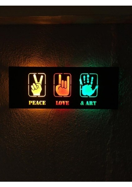 Peace&love&art LED Işıklı Ahşap Tablo 50X21CM Duvar Dekoru