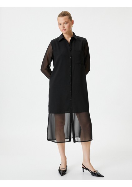 Şifon Gömlek Elbise Midi Düğmeli Cep Detaylı Uzun Kollu