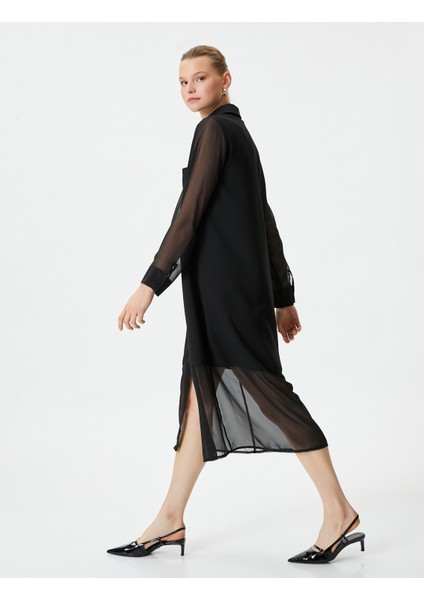 Şifon Gömlek Elbise Midi Düğmeli Cep Detaylı Uzun Kollu fiyatları