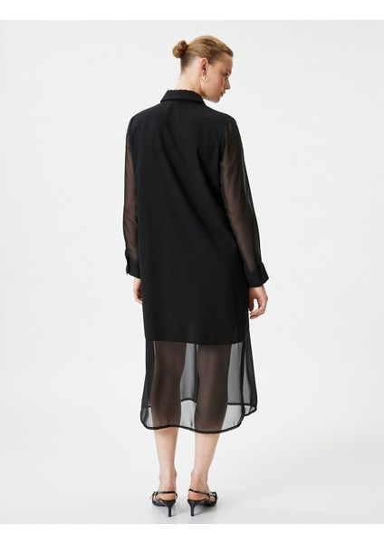 Şifon Gömlek Elbise Midi Düğmeli Cep Detaylı Uzun Kollu fırsatları