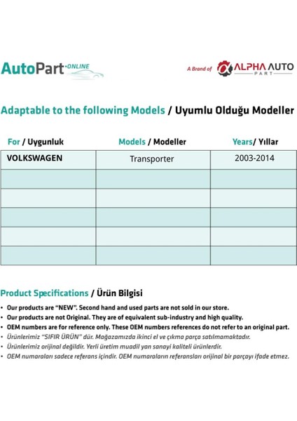 Alpha Auto Part Volkswagen Transporter T5 Için Cam Kriko Plastiği-Sol-Sağ-Set