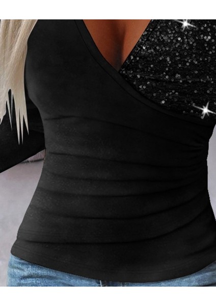 Kadın Uzun Kollu Kruvaze Yaka Pul Payet Detay Sandy Bluz modelleri