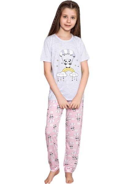 Lolli Boom Kids Kız Çocuk Kısa Kol Gri Melanj Pudra Renk Paraşüt Panda Baskı Desen Pijama Takımı