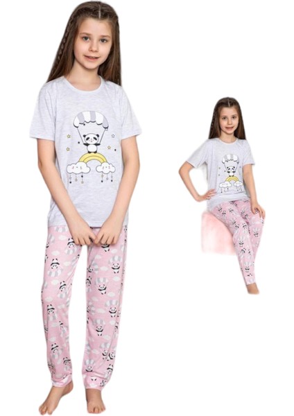 Lolli Boom Kids Kız Çocuk Kısa Kol Gri Melanj Pudra Renk Paraşüt Panda Baskı Desen Pijama Takımı