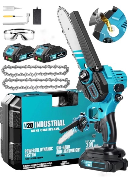 598VF Otomatik Yağlamalı Şarjlı Akülü Budama Testeresi Zinçirli Odun Kesme Budama Çift Akü 20 cm Pala