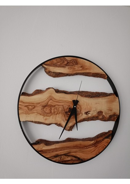 Zeytin Ağacı Kullanılarak Hazırlanan Demir Çerçeveli Ahşap Modern Dekoratif Saat 45 cm Çap fiyatları