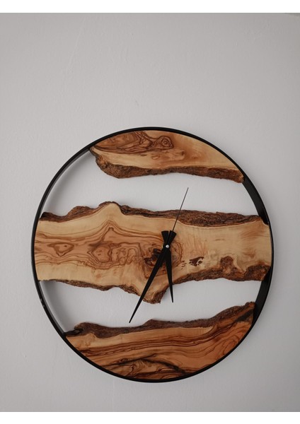 Zeytin Ağacı Kullanılarak Hazırlanan Demir Çerçeveli Ahşap Modern Dekoratif Saat 45 cm Çap modelleri
