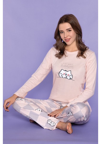 Kadın Pijama Takımı Uzun Kol Pamuklu Şardonlu Penye