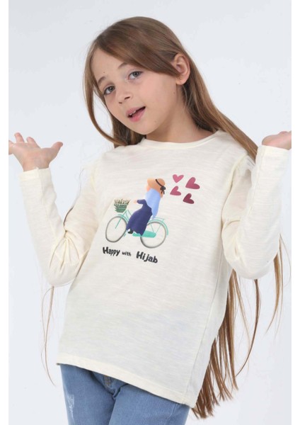 Kız Çocuk Uzun Kollu Tişört Bisiklet Kalp Hijab Baskılı