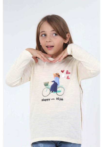 Kız Çocuk Uzun Kollu Tişört Bisiklet Kalp Hijab Baskılı modelleri