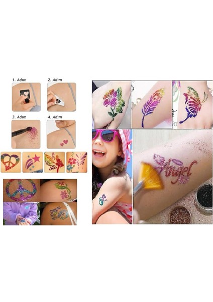 Simli Dövme Glitter Tattoo Kit 10 Tüp Sim 100 Şablon Hediyeli Mega Paket