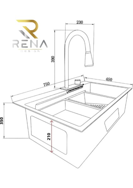 Rena Design Fonksiyonel  Akıllı Evye Seti Antresit Spirali ve Şelale Batarya  Bardakyıkama Musluk Paslanmazçelik