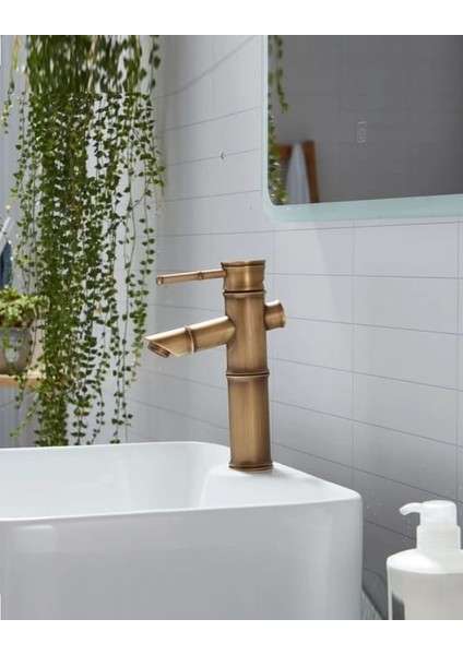 Bambu Model Rustik Antik Lavabo Bataryası Banyo Musluğu Eskitme Lavabo Armatür Otantik Bakır Görünüm