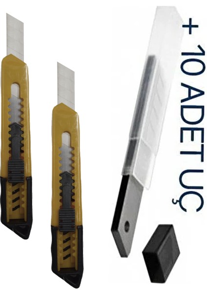 2 Adet Plastik Maket Bıçağı Falçata Geniş Büyük Boy ve 10 Adet Yedek Uç