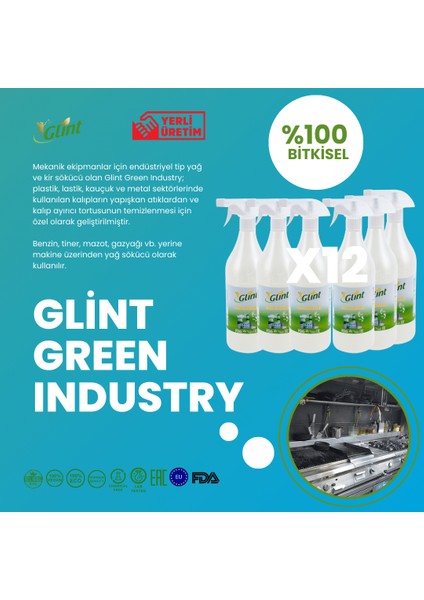 Green Industry 12 x 1 Lt. %100 Bitkisel Çok Amaçlı %100 Bitkisel Mutfak Ocak Aspiratör Ağır Yağ Kir Temizleyici Sprey