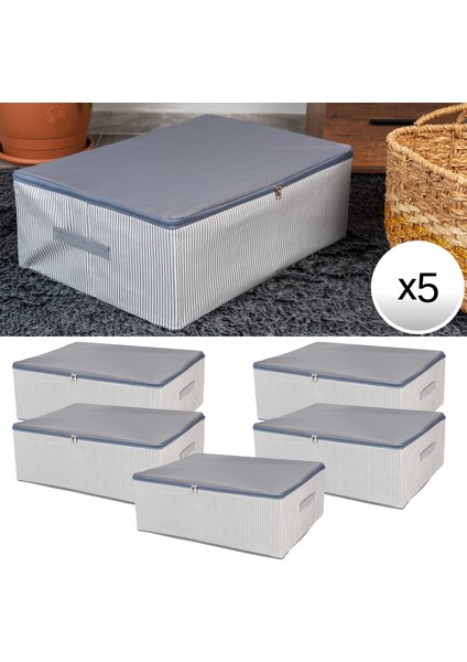 5 Adet Büyük Boy Çizgi Desen Baskılı Antrasit Baza Altı Düzenleyici Hurç Seti 60X40X20 cm