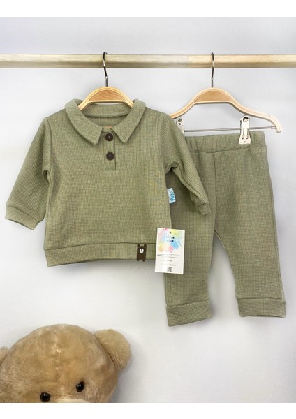 Erkek Bebek Erkek Çocuk Düğmeli Yeşil-Mavi-Beyaz Sweatshirt-Pantolon Takım