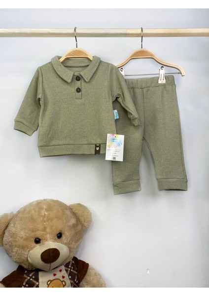 Erkek Bebek Erkek Çocuk Düğmeli Yeşil-Mavi-Beyaz Sweatshirt-Pantolon Takım
