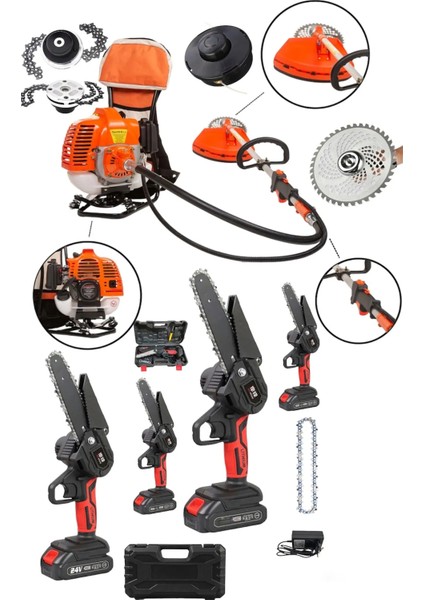 2'li Set 7.9 Hp Benzinli Sırt Tipi Çim Biçme Makinası ve 598VF Şarjlı Zinçirli Dal Budama Makinası