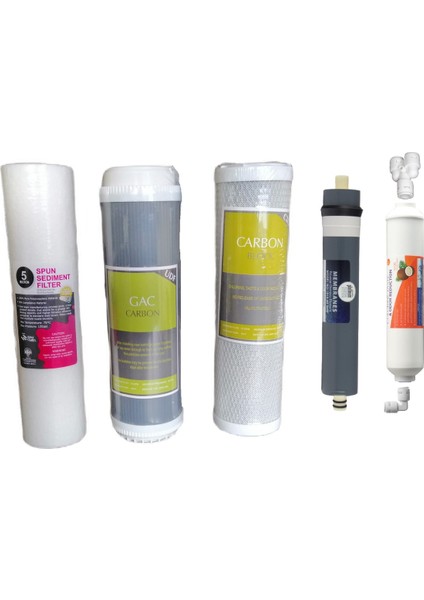 Su Arıtma Filtresi 5'li Set 10" Inch 3 Ön Kömür Granül Aktif Karbon Filtre Post Karbon Tatlandırıcı Coconut Filtre Aqualine Platinum 1812 Membran Filtre 80 Gpd Esli
