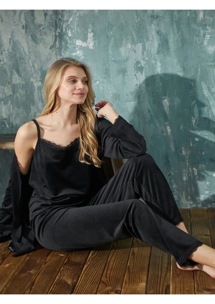 Kadın Pijama Takımı Soft Fransız Kadife Dantelli Sabahlıklı 3 Lü Takım