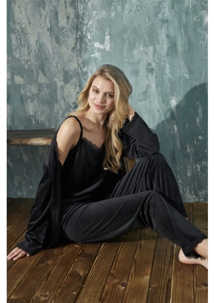 Kadın Pijama Takımı Soft Fransız Kadife Dantelli Sabahlıklı 3 Lü Takım modelleri