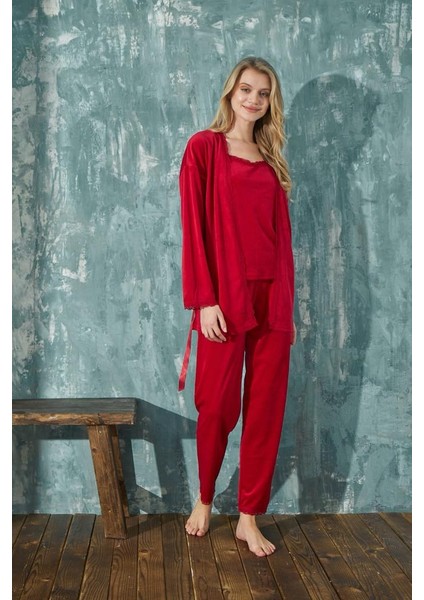 Kadın Pijama Takımı Soft Fransız Kadife Dantelli Sabahlıklı 3 Lü Takım fiyatları